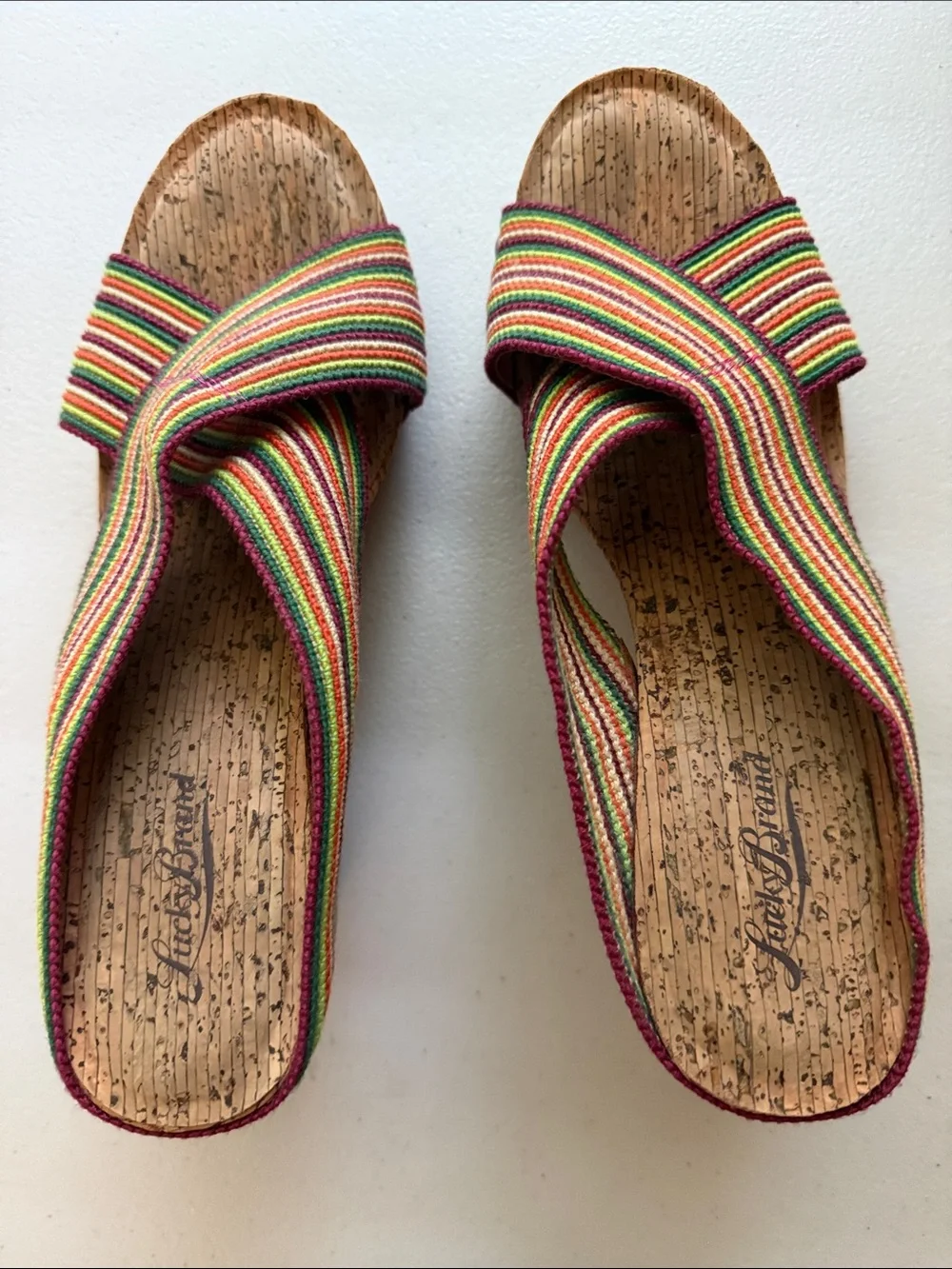 Lucky Brand Multicolor Striped Wedge Sandals with Pink Trim